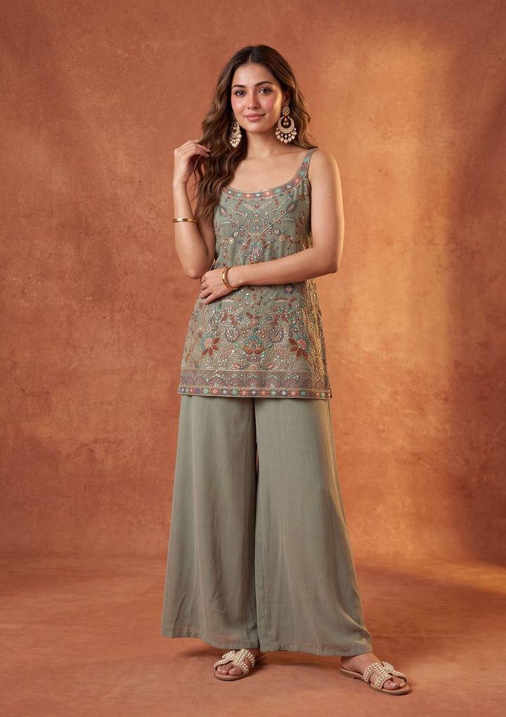 Pista Green Threadwork Georgette Readymade Salwar Suit