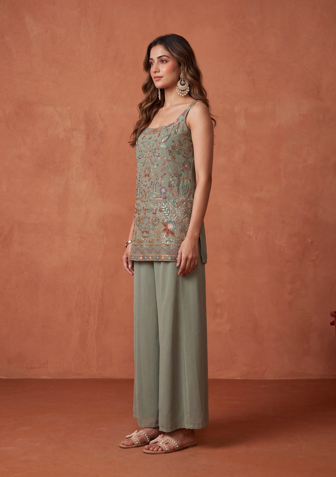 Pista Green Threadwork Georgette Readymade Salwar Suit