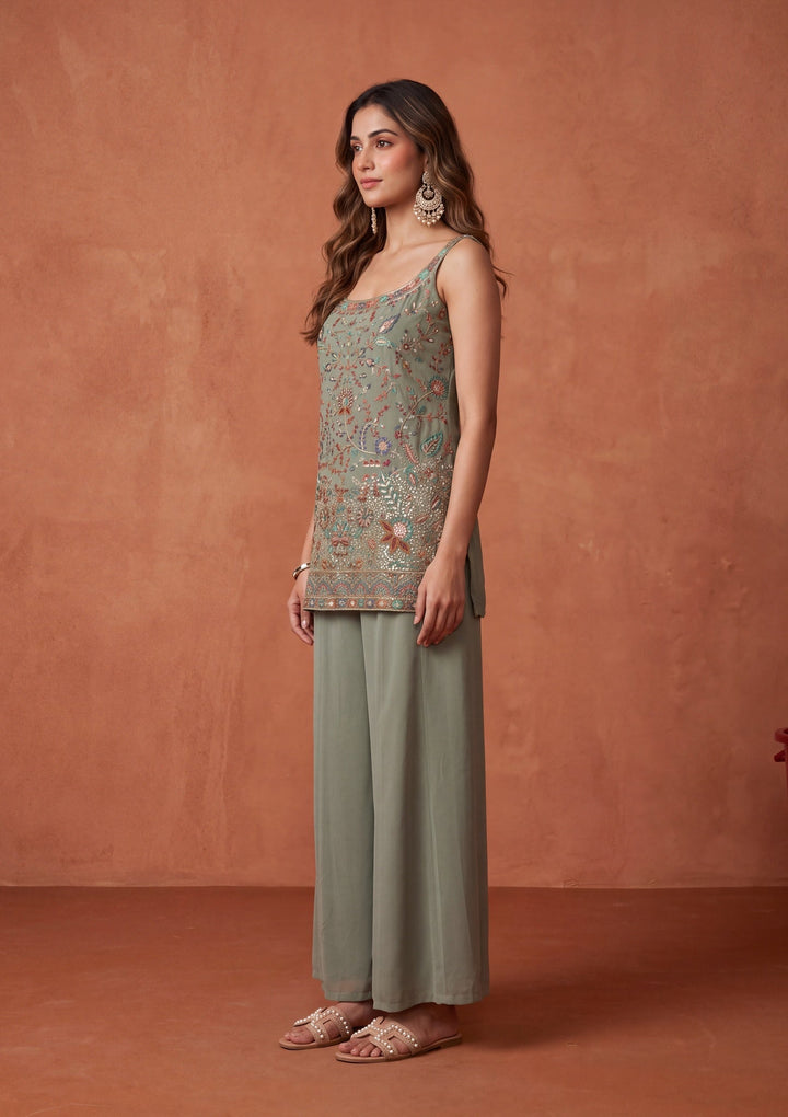 Pista Green Threadwork Georgette Readymade Salwar Suit
