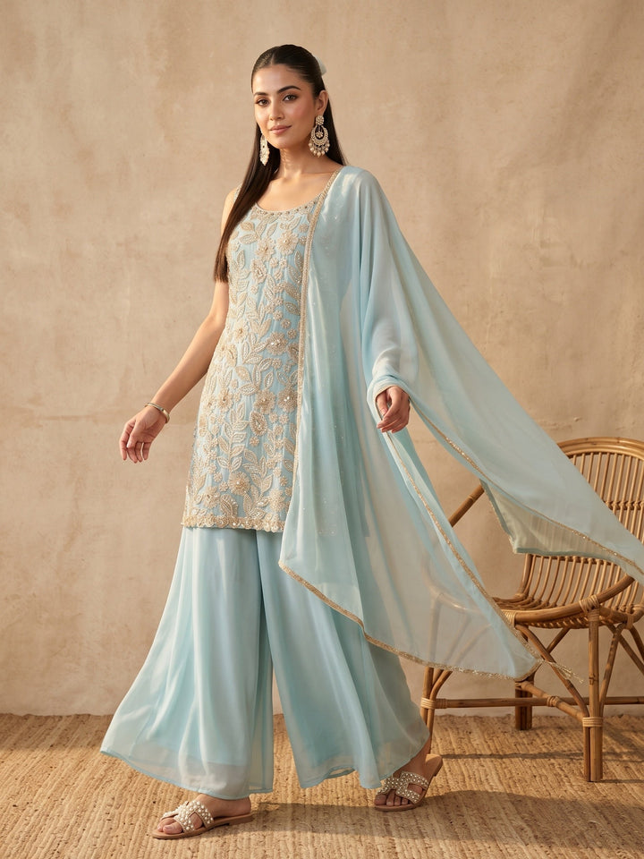 Blue Crepe Cutdana Straight Kurta With Palazzo And Dupatta