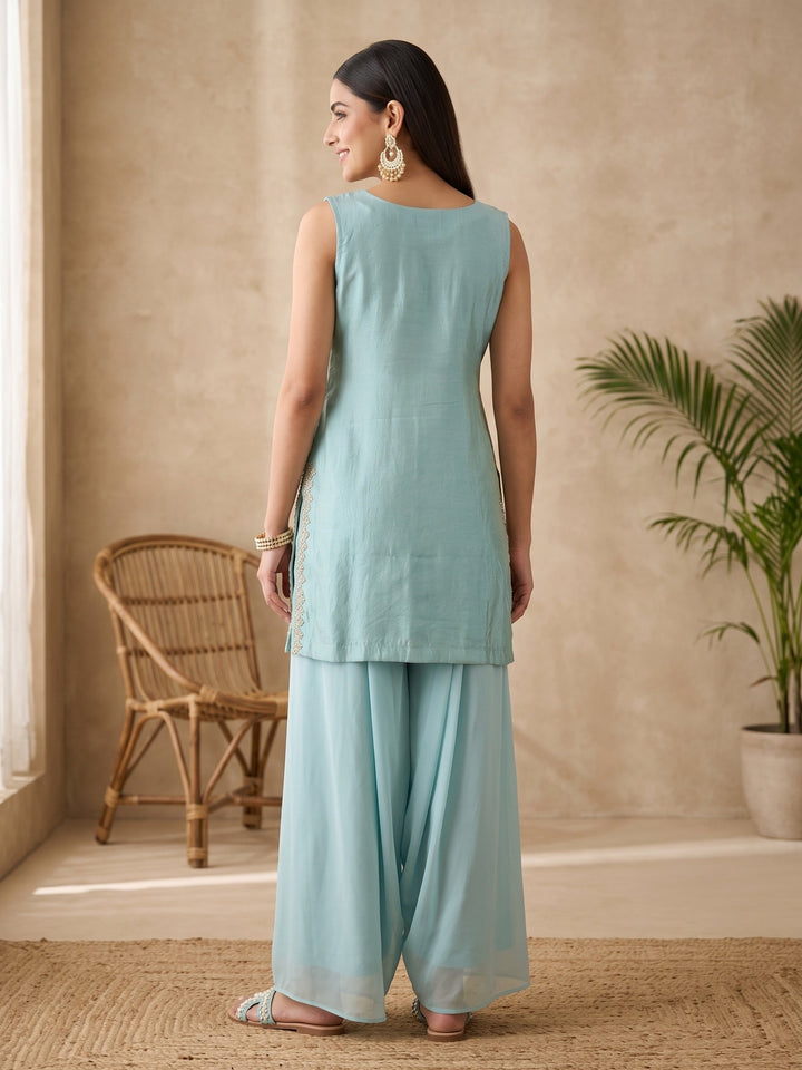 Blue Crepe Cutdana Straight Kurta With Palazzo And Dupatta