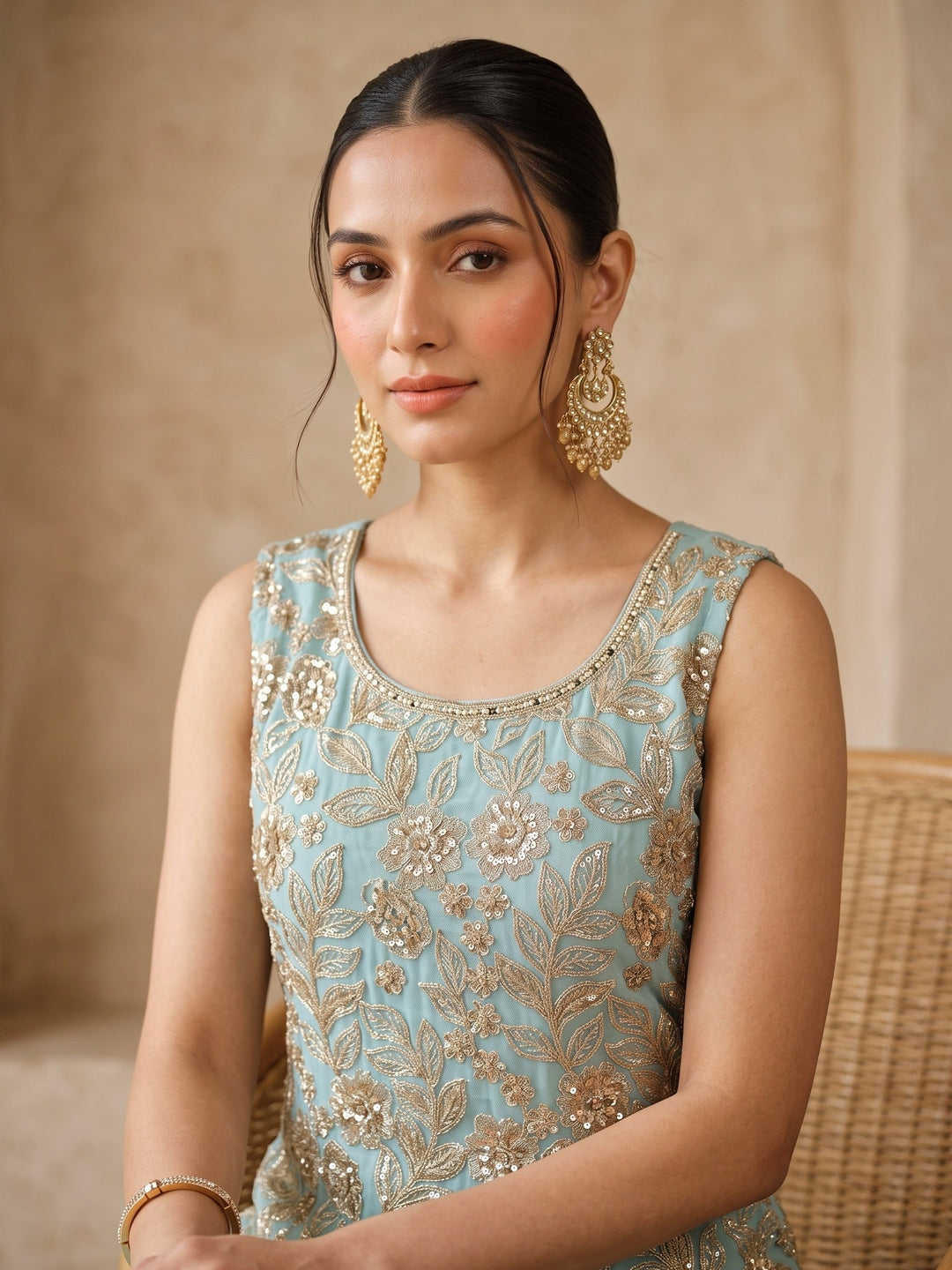 Blue Crepe Cutdana Straight Kurta With Palazzo And Dupatta