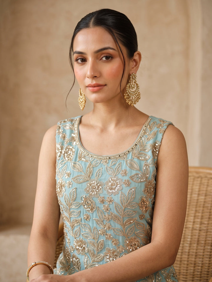 Blue Crepe Cutdana Straight Kurta With Palazzo And Dupatta