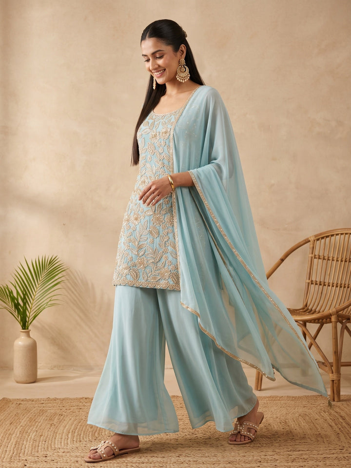 Blue Crepe Cutdana Straight Kurta With Palazzo And Dupatta