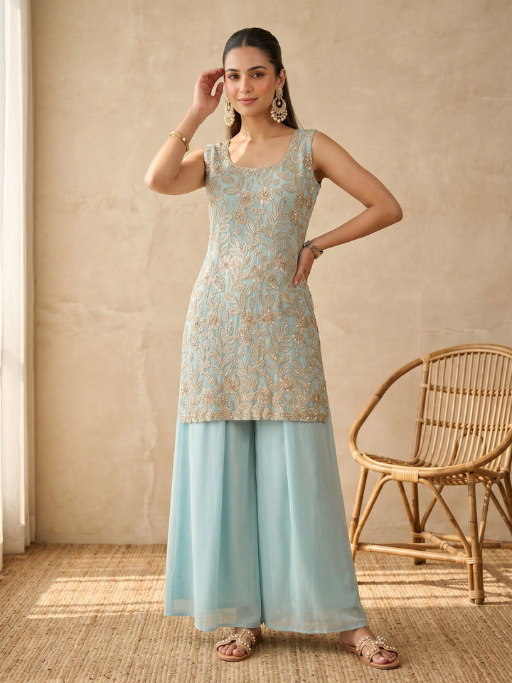 Blue Crepe Cutdana Straight Kurta With Palazzo And Dupatta