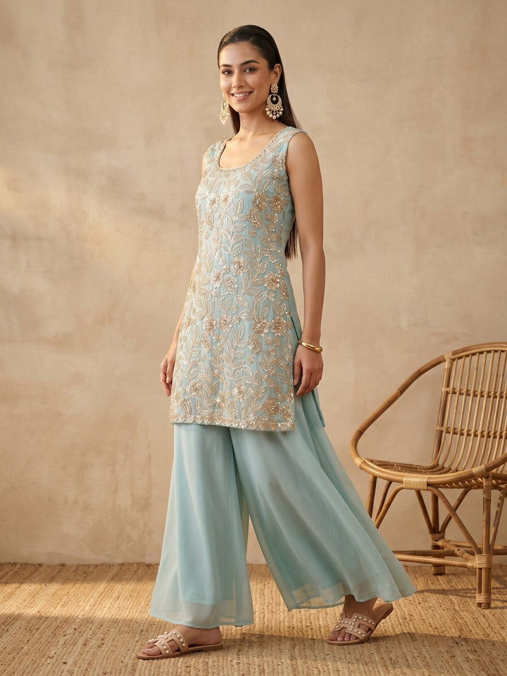 Blue Crepe Cutdana Straight Kurta With Palazzo And Dupatta