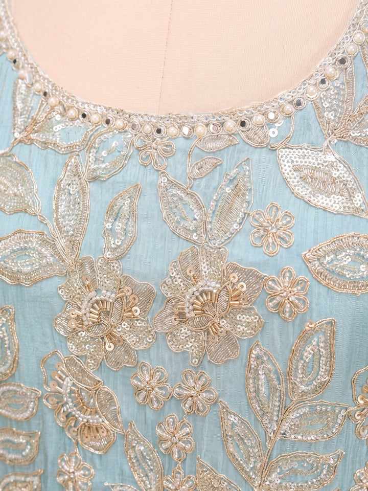 Blue Crepe Cutdana Straight Kurta With Palazzo And Dupatta