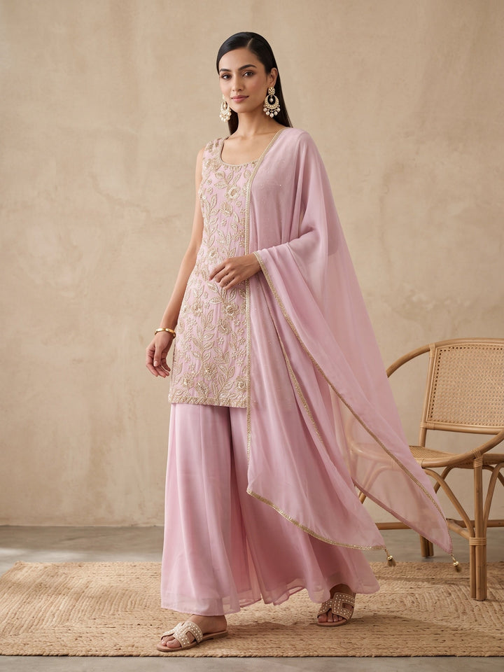 Onion Pink Crepe Cutdana Straight Kurta With Palazzo And Dupatta