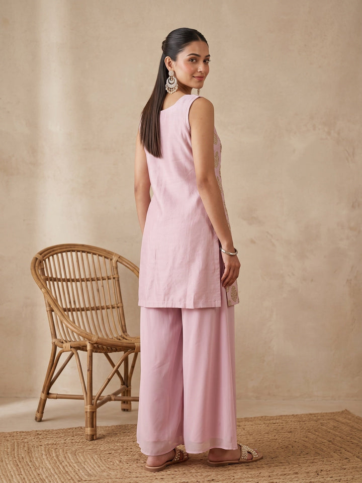 Onion Pink Crepe Cutdana Straight Kurta With Palazzo And Dupatta