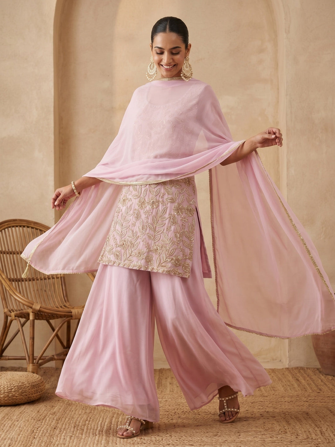 Onion Pink Crepe Cutdana Straight Kurta With Palazzo And Dupatta