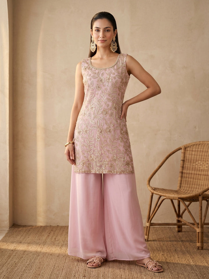 Onion Pink Crepe Cutdana Straight Kurta With Palazzo And Dupatta