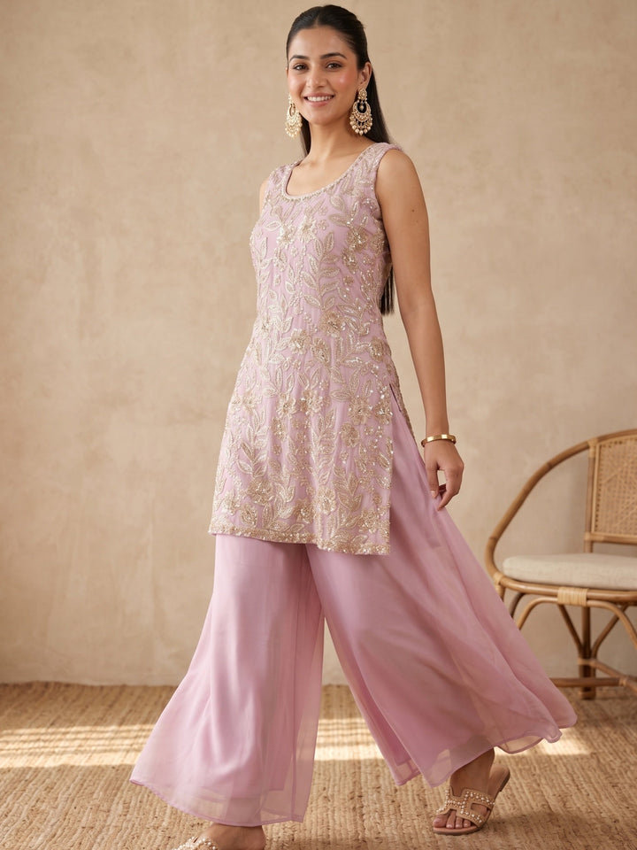 Onion Pink Crepe Cutdana Straight Kurta With Palazzo And Dupatta