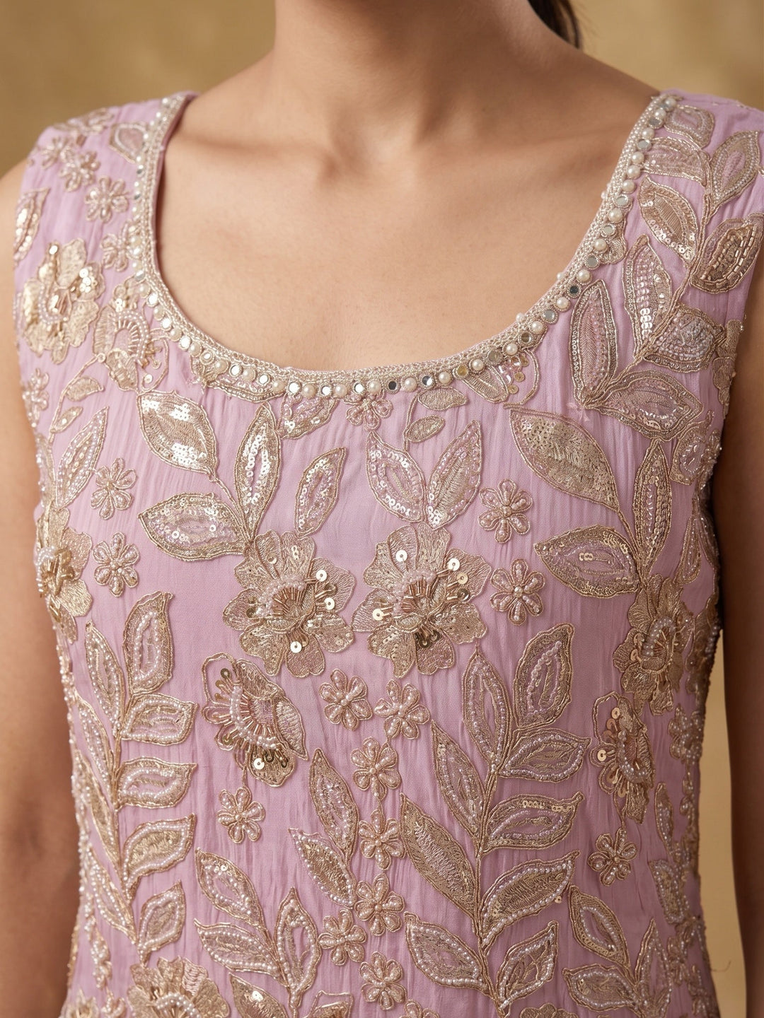 Onion Pink Crepe Cutdana Straight Kurta With Palazzo And Dupatta
