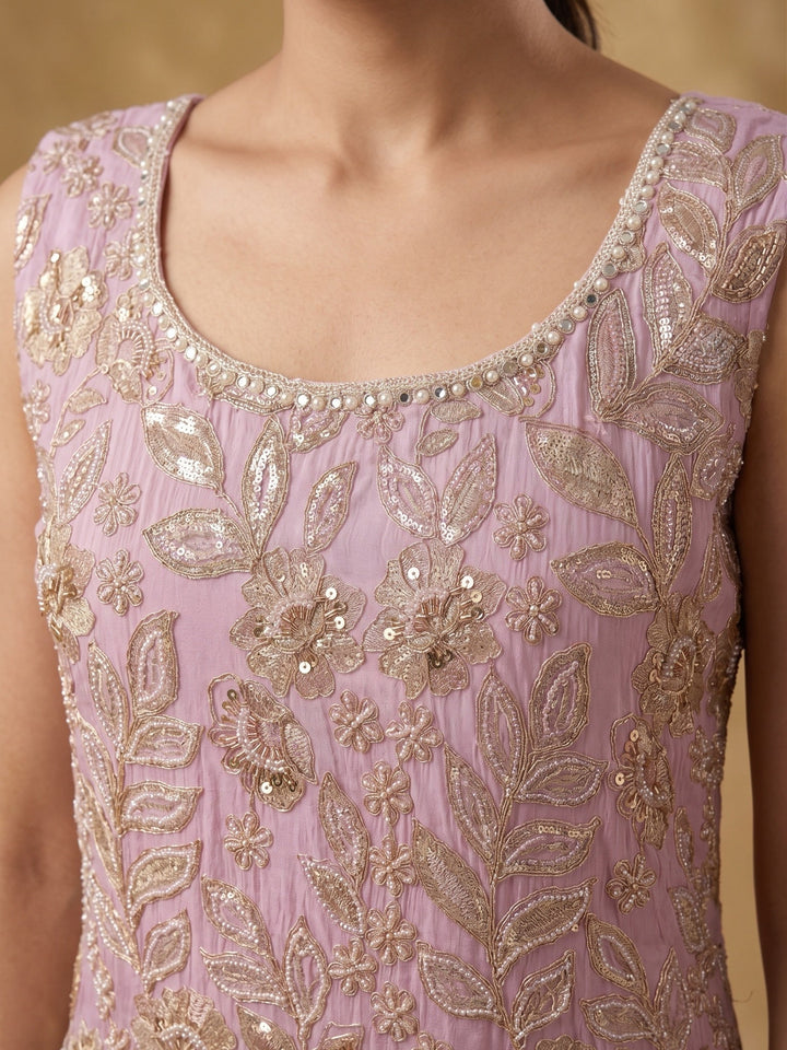 Onion Pink Crepe Cutdana Straight Kurta With Palazzo And Dupatta