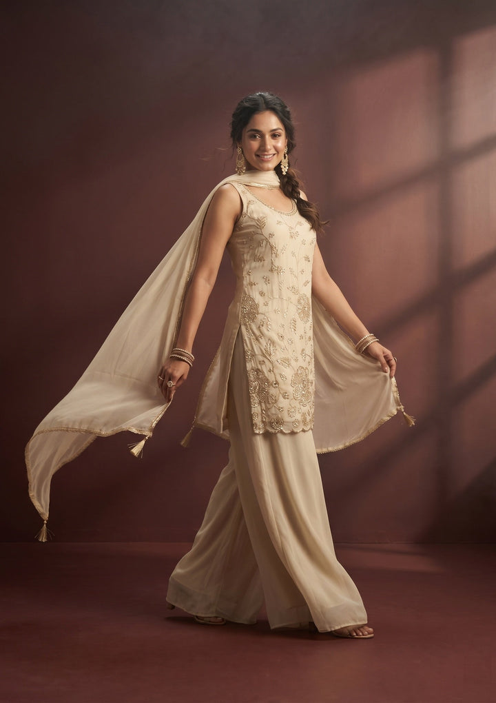Cream Cutdana Tissue Readymade Salwar Suit
