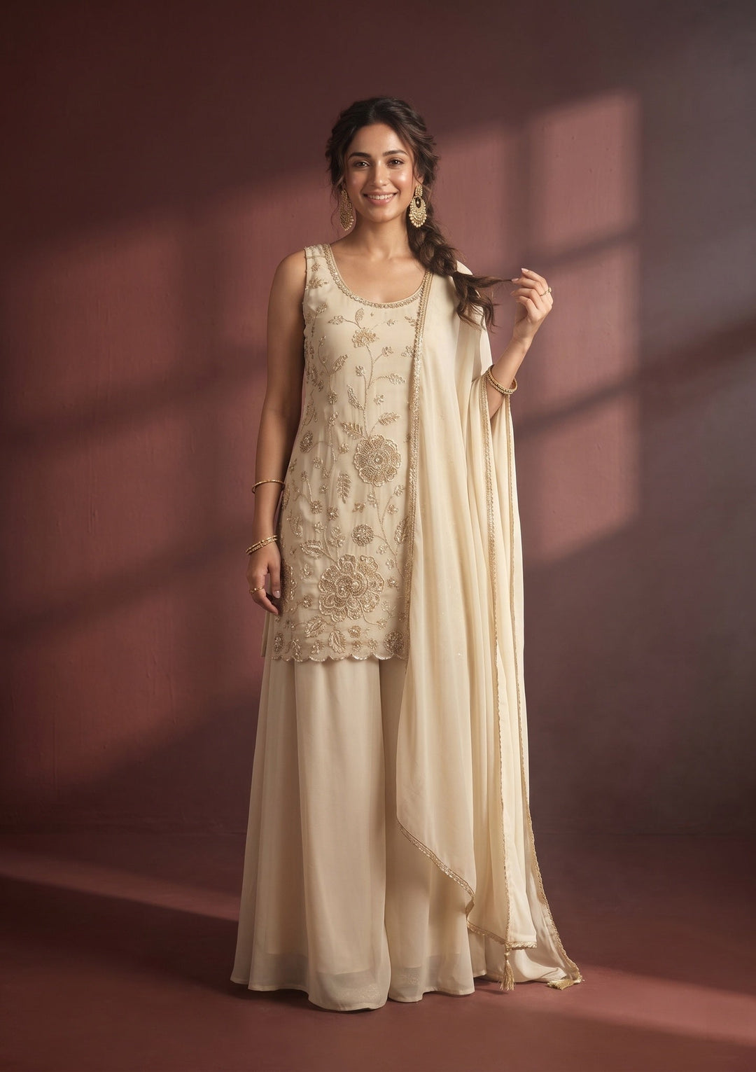 Cream Cutdana Tissue Readymade Salwar Suit