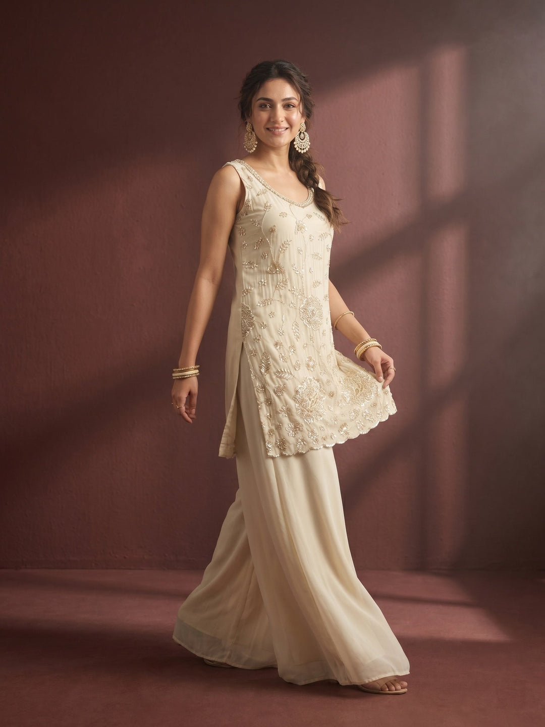 Off White Cutdana Tissue Readymade Salwar Suit