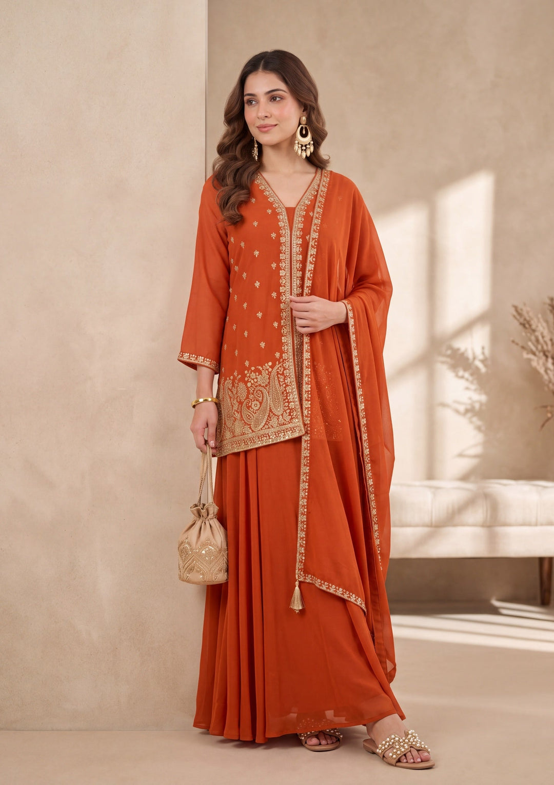 Orange Cutdana Georgette Readymade Salwar Suit