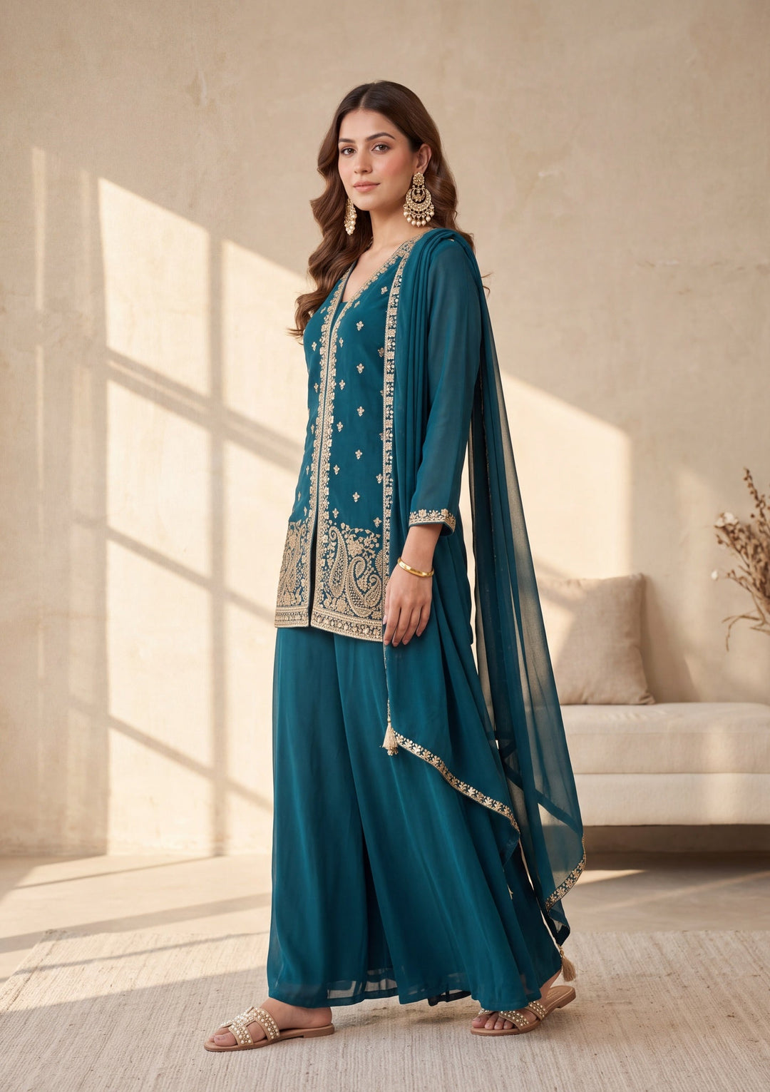 Peacock Blue Cutdana Georgette Readymade Salwar Suit