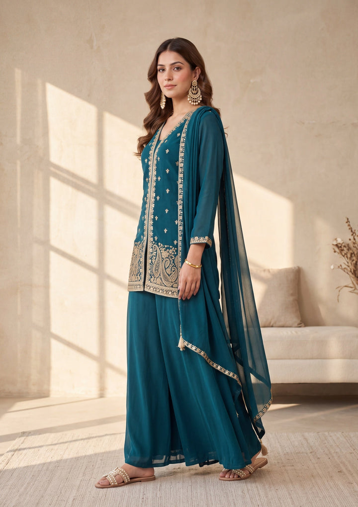 Peacock Blue Cutdana Georgette Readymade Salwar Suit