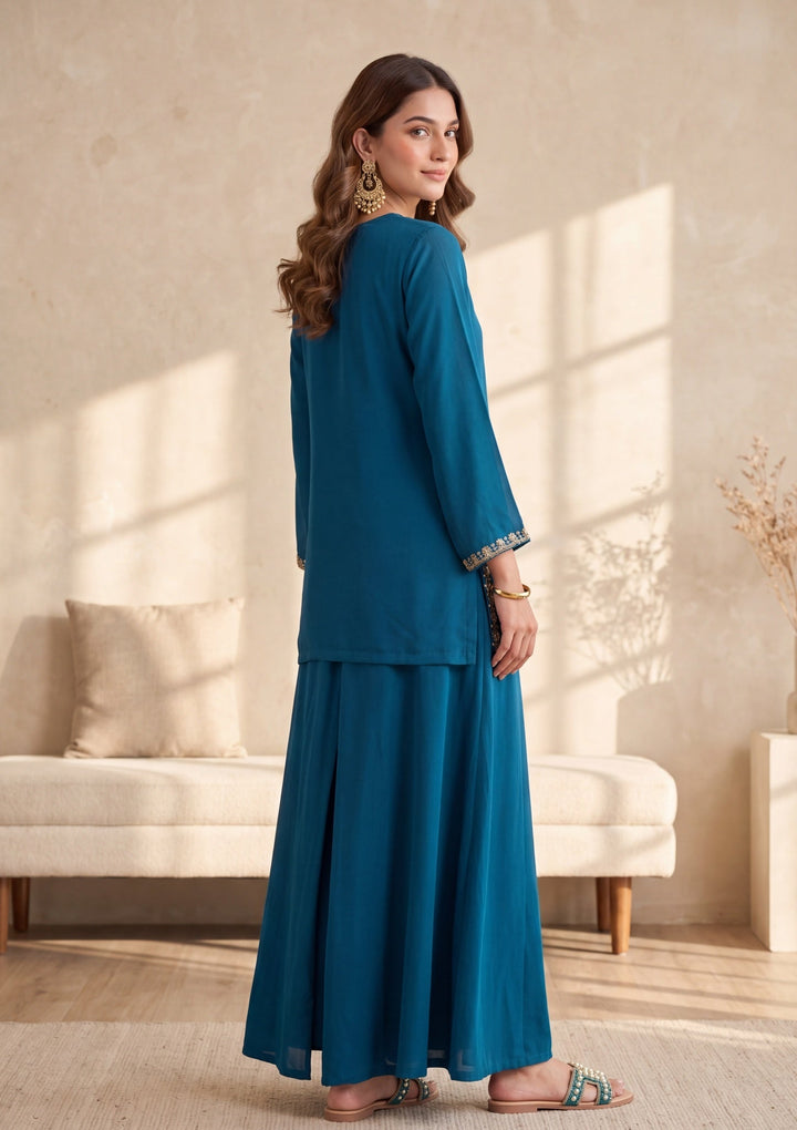 Peacock Blue Cutdana Georgette Readymade Salwar Suit