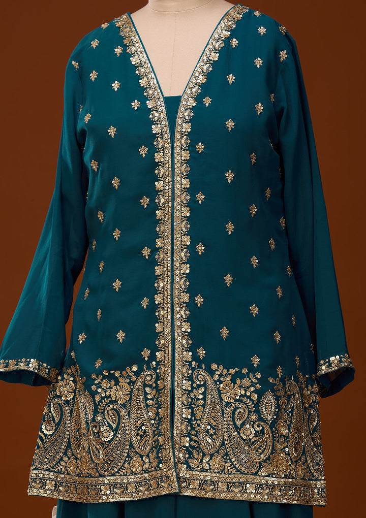 Peacock Blue Cutdana Georgette Readymade Salwar Suit