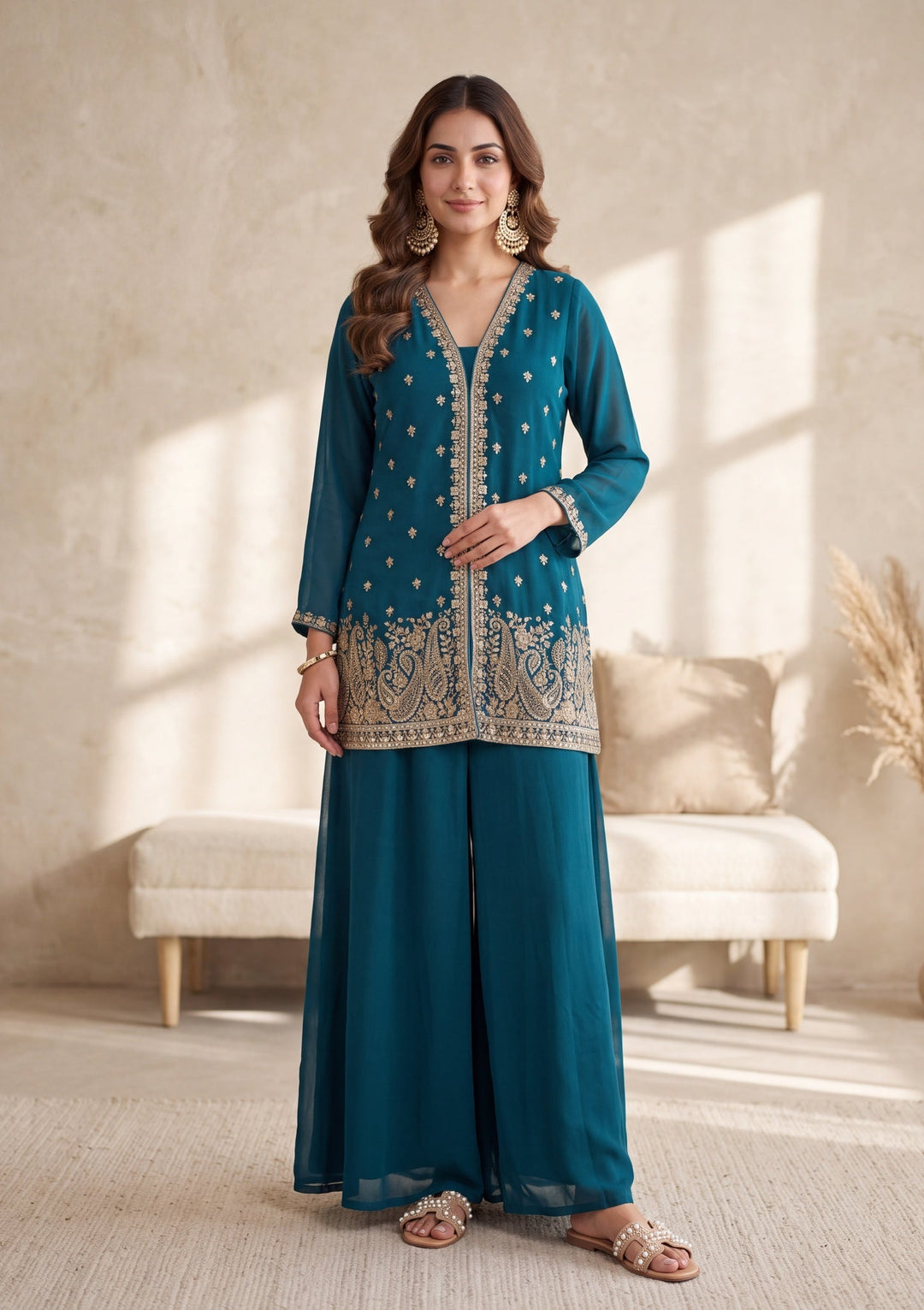 Peacock Blue Cutdana Georgette Readymade Salwar Suit