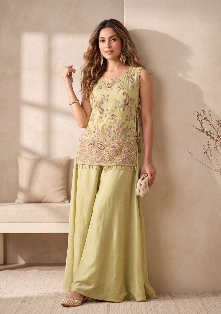 Pista Green Cutdana Tissue Readymade Salwar Suit