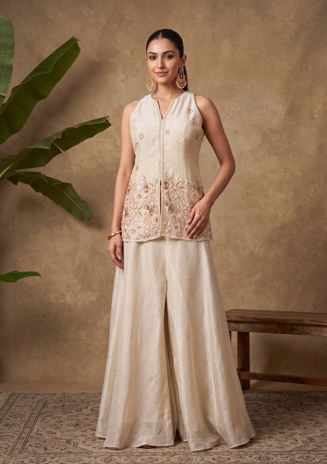 Cream Cutdana Tissue Readymade Salwar Suit