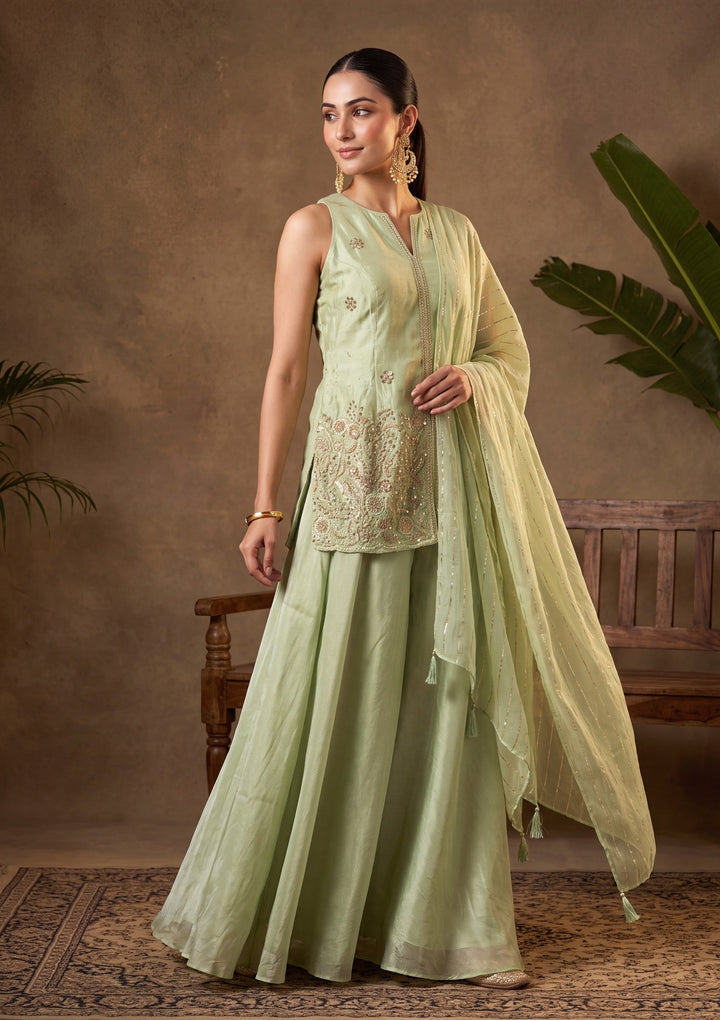 Pista Green Cutdana Tissue Readymade Salwar Suit