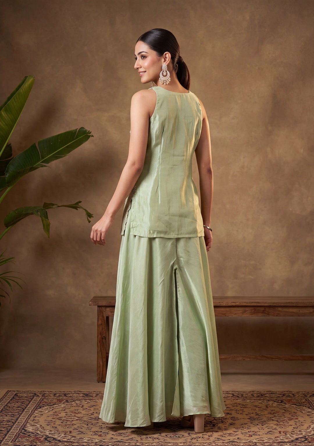Pista Green Cutdana Tissue Readymade Salwar Suit
