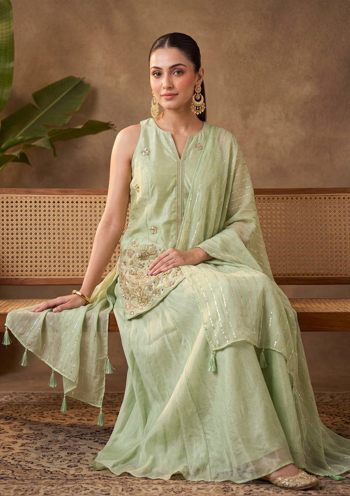 Pista Green Cutdana Tissue Readymade Salwar Suit