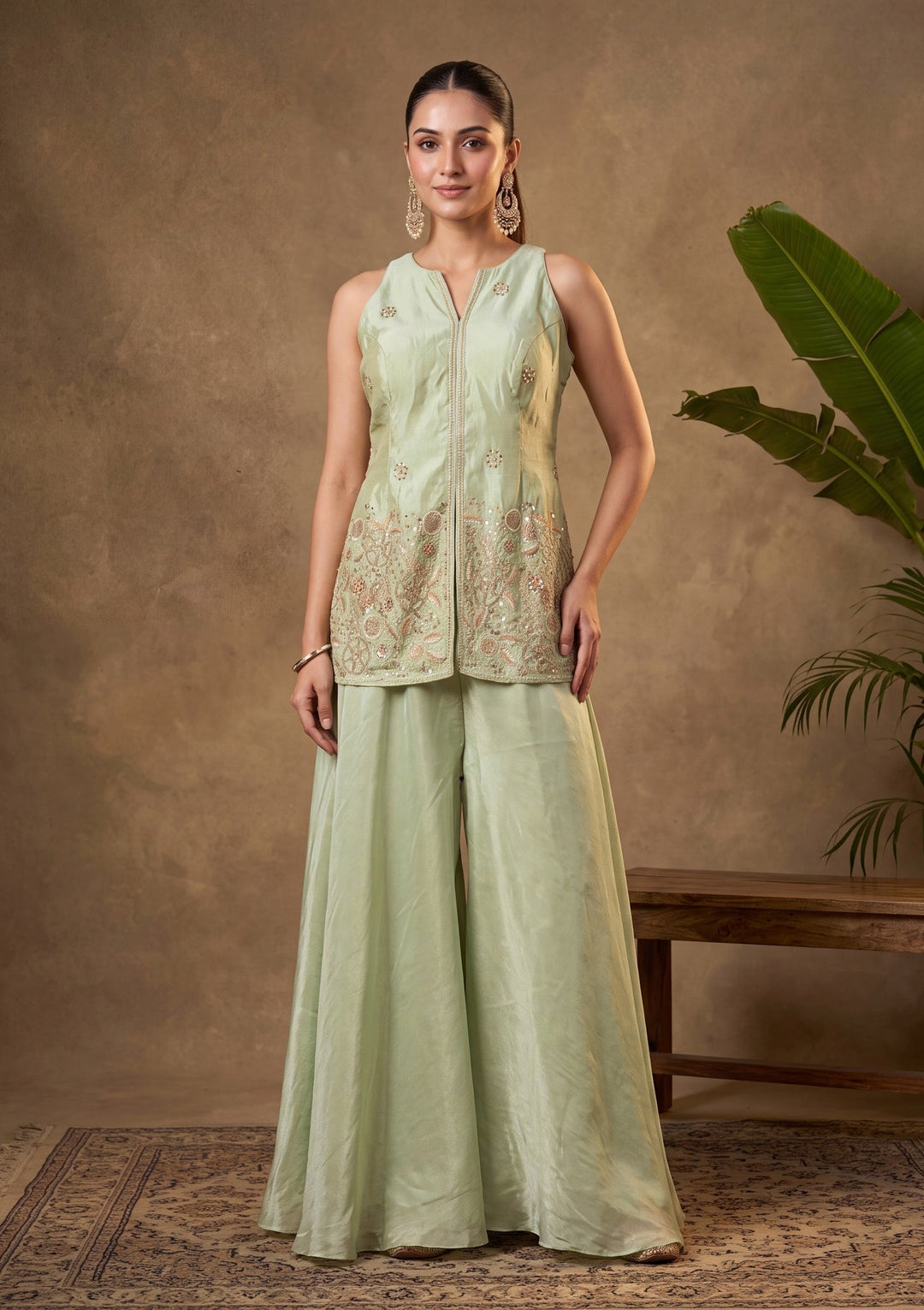 Pista Green Cutdana Tissue Readymade Salwar Suit