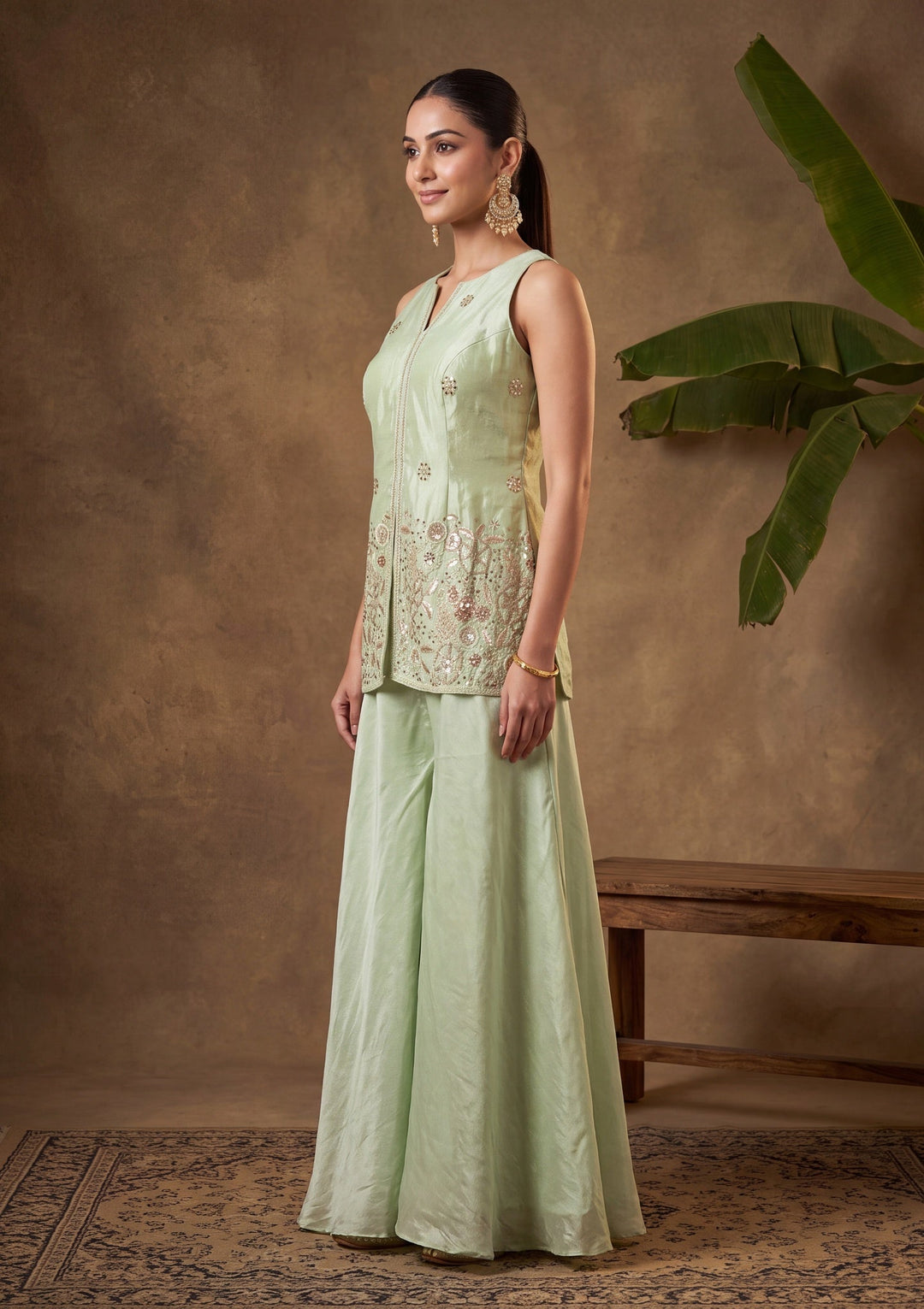 Pista Green Cutdana Tissue Readymade Salwar Suit