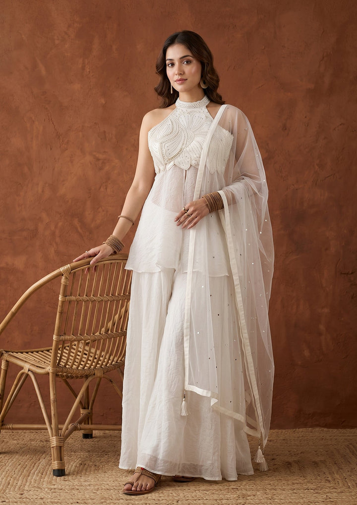 Off White Cutdana Tissue Readymade Salwar Suit