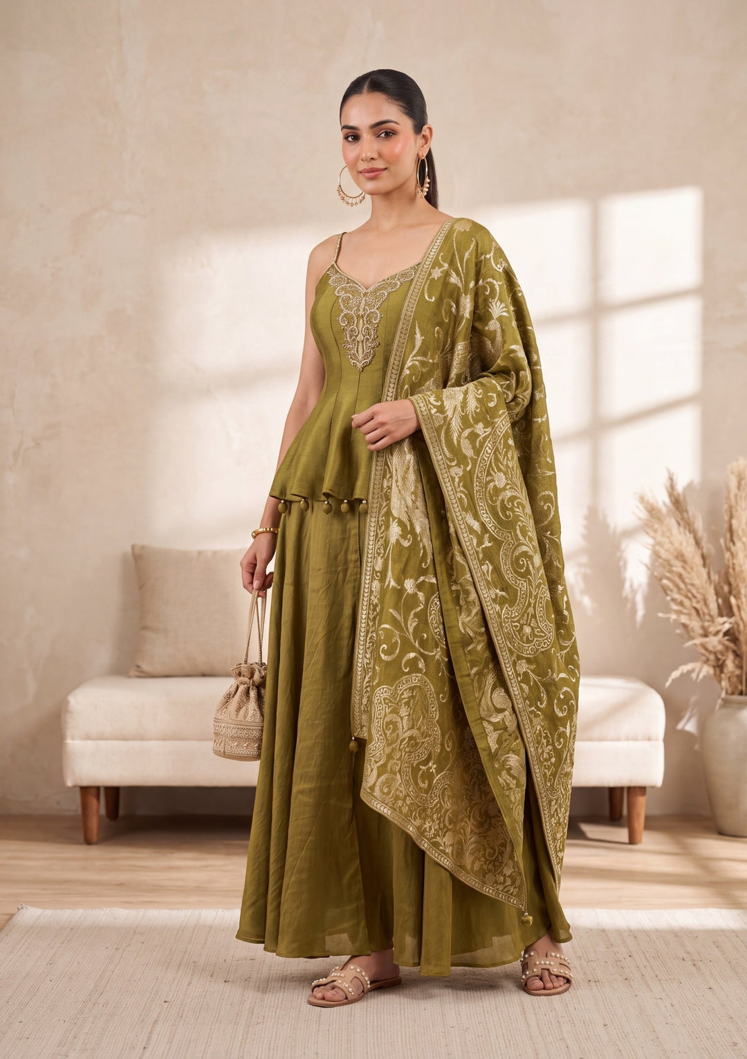 Mehendi Green Zardozi (Gold) Tissue Readymade Salwar Suit