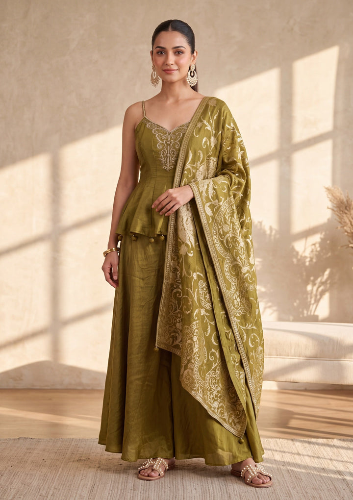 Mehendi Green Zardozi (Gold) Tissue Readymade Salwar Suit
