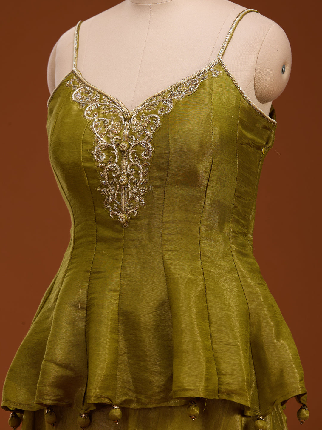 Mehendi Green Zardozi (Gold) Tissue Readymade Salwar Suit