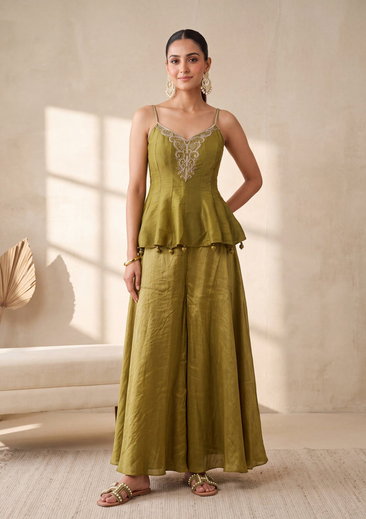 Mehendi Green Zardozi (Gold) Tissue Readymade Salwar Suit