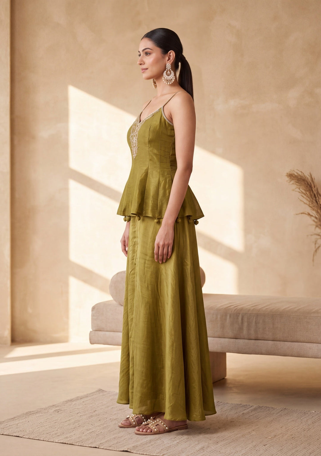 Mehendi Green Zardozi (Gold) Tissue Readymade Salwar Suit