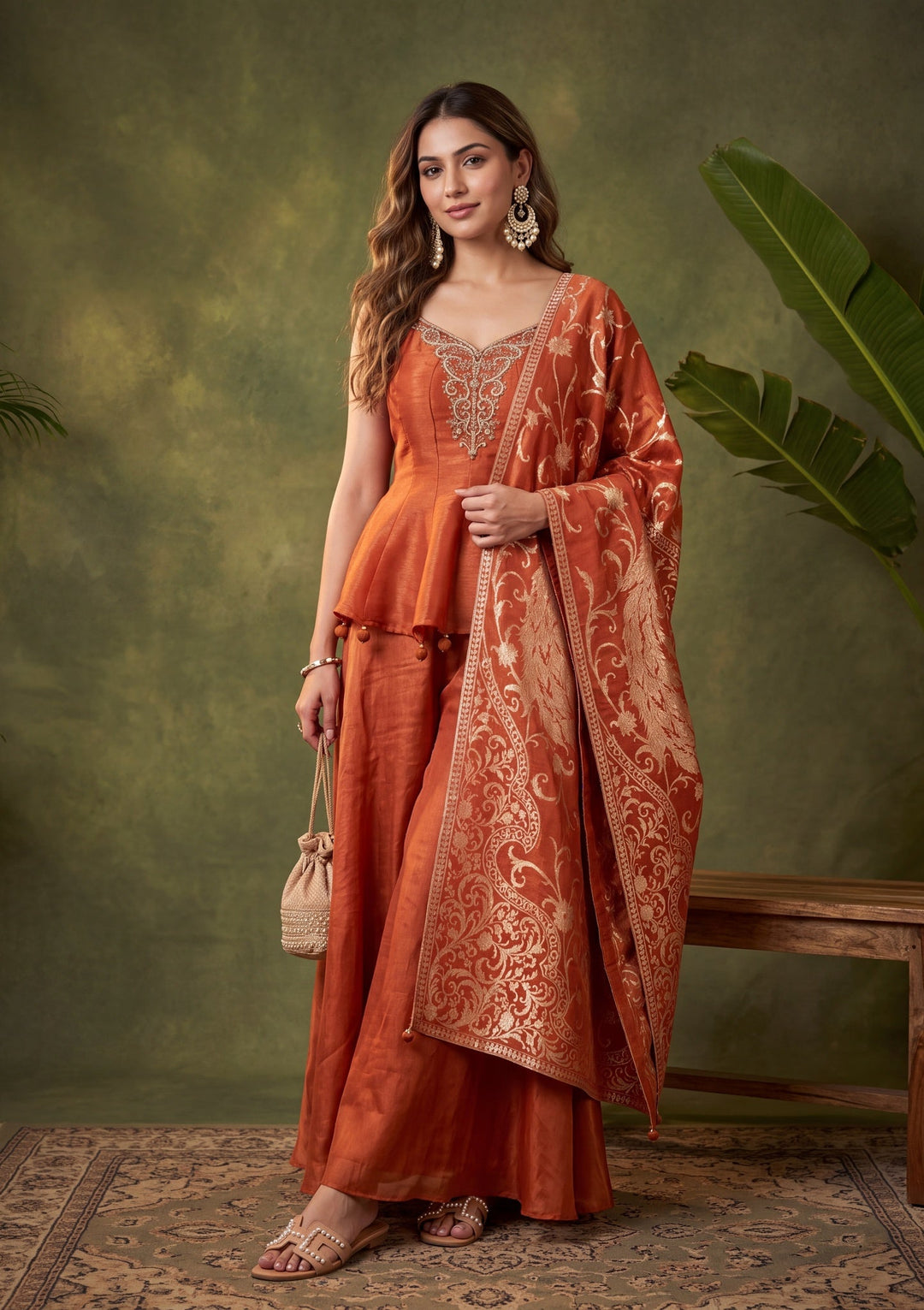 Rust Zardozi (Gold) Tissue Readymade Salwar Suit