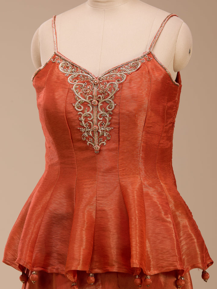 Rust Zardozi (Gold) Tissue Readymade Salwar Suit