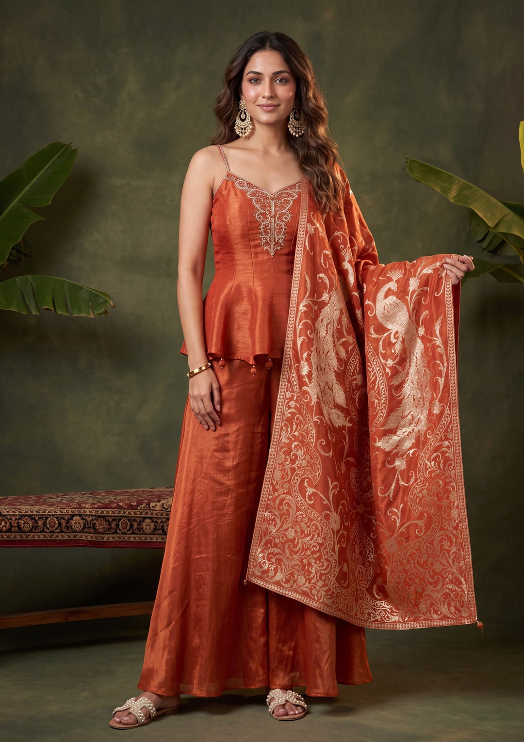 Rust Zardozi (Gold) Tissue Readymade Salwar Suit