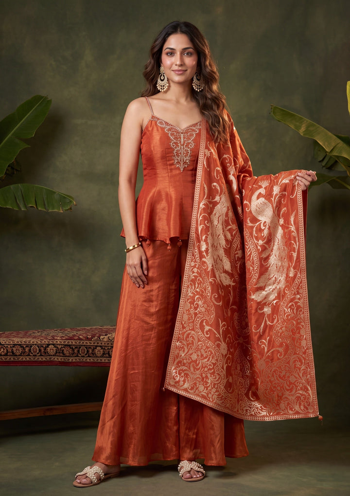 Rust Zardozi (Gold) Tissue Readymade Salwar Suit
