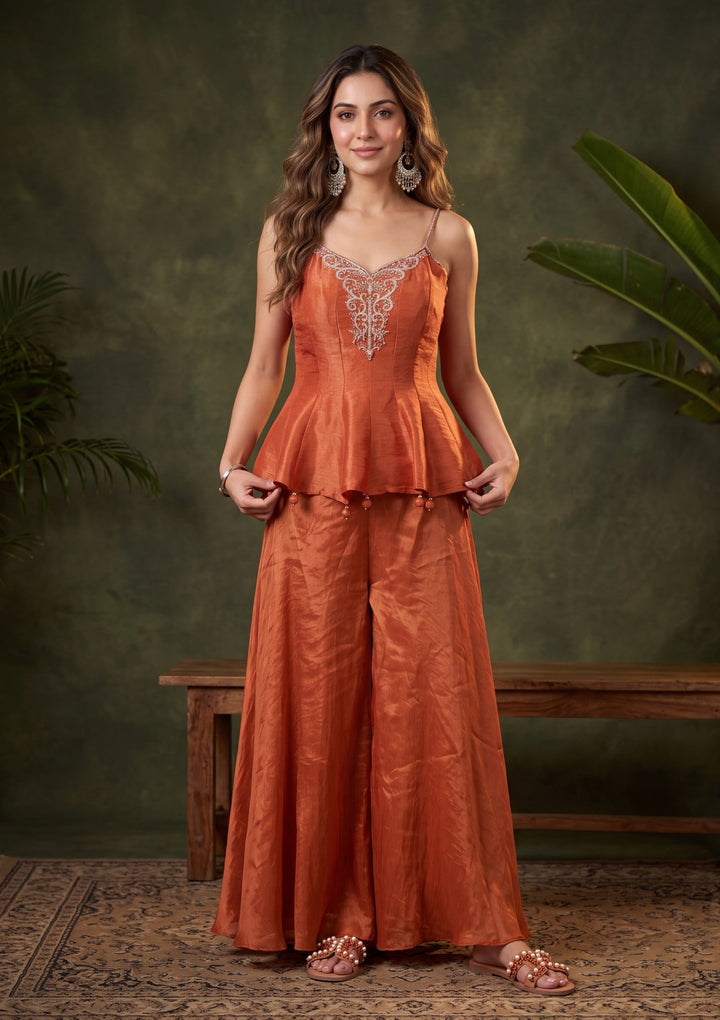 Rust Zardozi (Gold) Tissue Readymade Salwar Suit