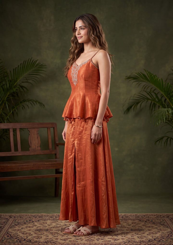 Rust Zardozi (Gold) Tissue Readymade Salwar Suit