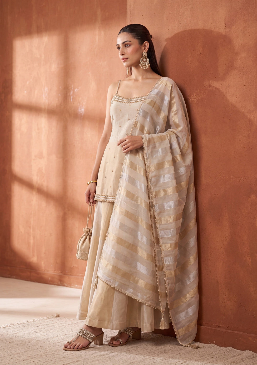 Cream Cutdana Tissue Readymade Salwar Suit