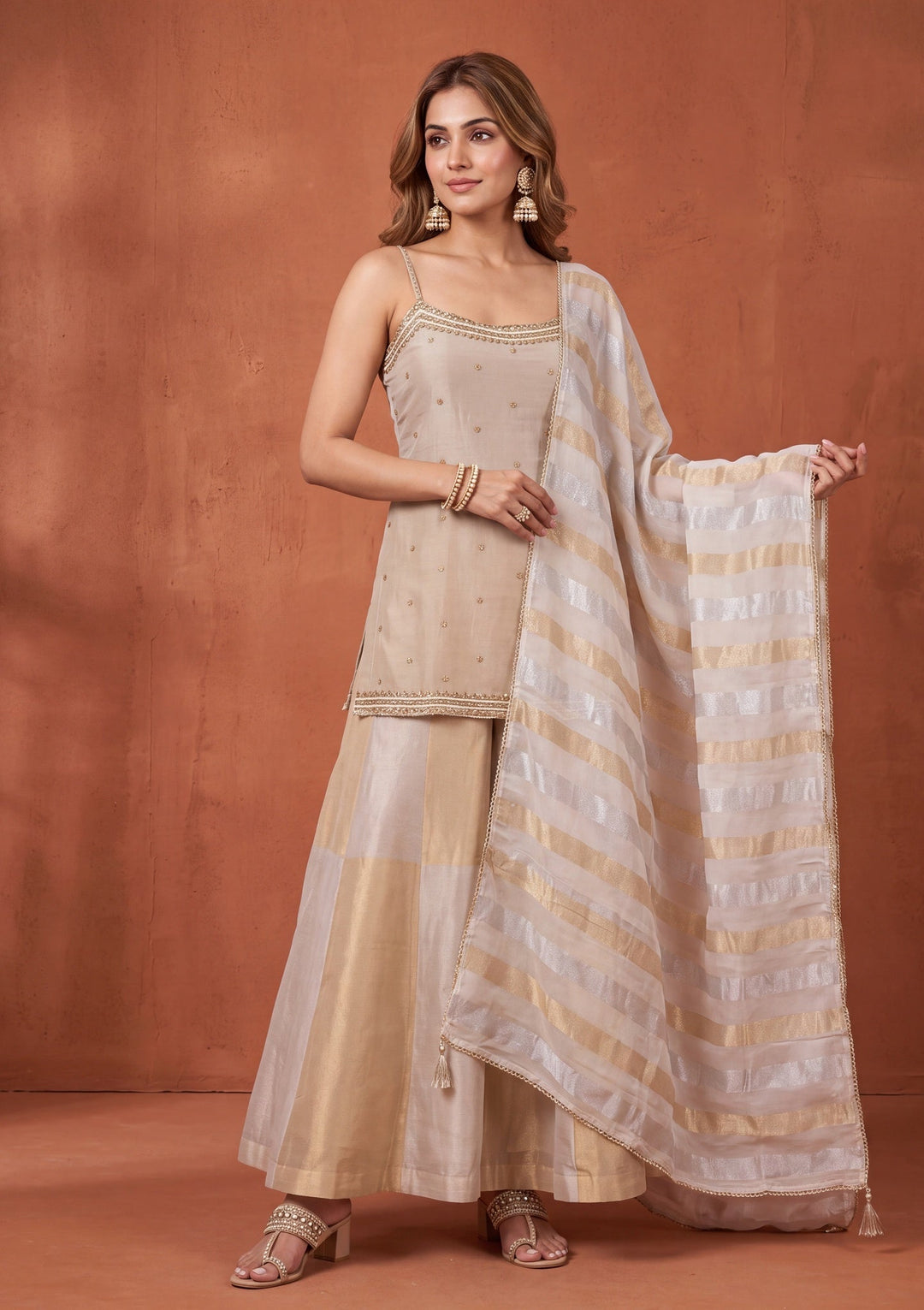 Cream Cutdana Tissue Readymade Salwar Suit