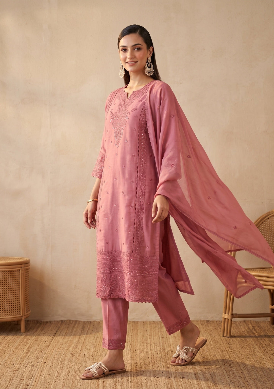 Gajari Pink Threadwork Chanderi Readymade Salwar Suit