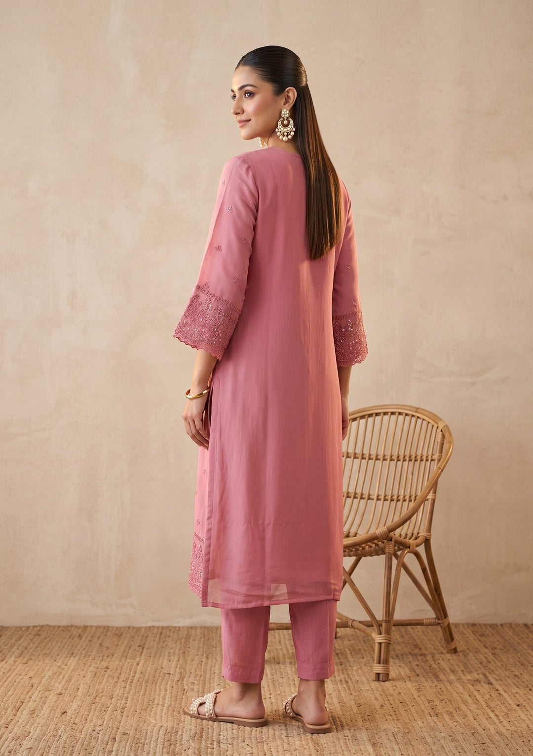 Gajari Pink Threadwork Chanderi Readymade Salwar Suit